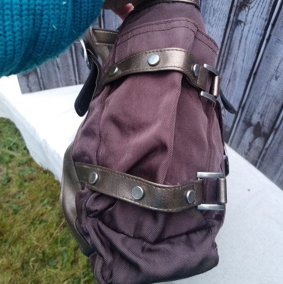 Rip Stop Nylon Faux Leather Buckle & Strap 3 Compartment Shoulder Bag - Picture 3 of 15